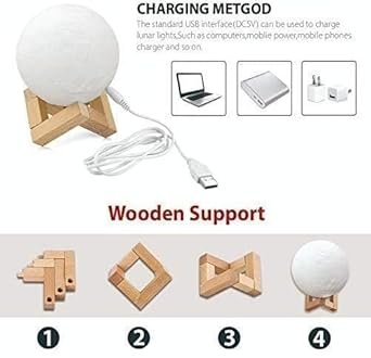 REFULGIX 3D Moon Lamp 15cm with Wooden Stand | 7 Color Changing LED Touch Sensor Night Light | USB Rechargeable Moonlight Table Lamp for Bedroom, Kids, Home Décor, and Festival Gifts