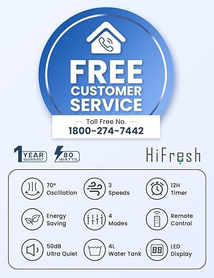 HIFRESH Air Cooler for Home, Mute Operation, 107CM Tower Cooler w/Remote & LED Display, 4 Mode & 3 Speed, 12H Timer, 26 Feet Air Delivery, 4L Water Tank, 4 Ice Packs, 70° Swing Control, 80W Low Power