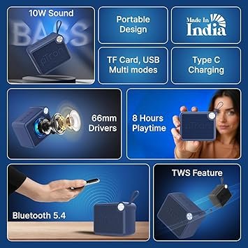 pTron Funk Rap 10W Mini Bluetooth Speaker with Pristine Sound, 8 Hours Playtime, Multi-Playback Modes-BT5.4/TF Card/USB, Front Metal Grill, Type-C Fast Charging, Multi-Function Control Buttons (Blue)